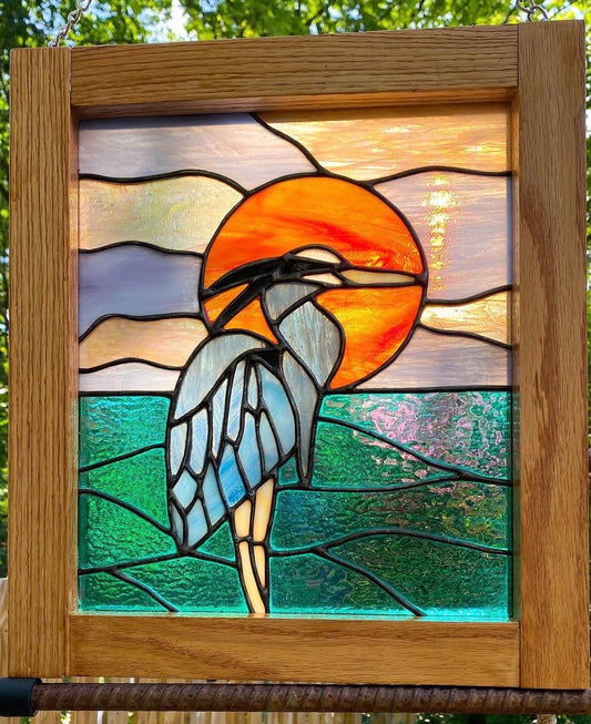 Stained glass great blue heron