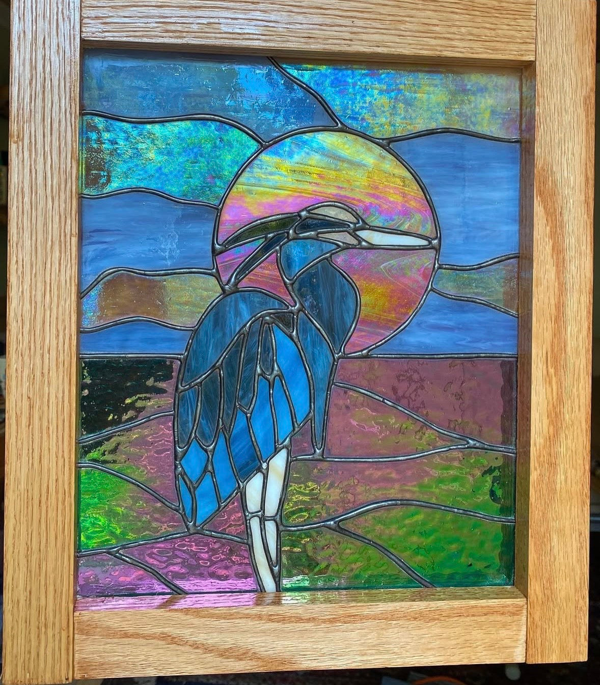 Stained glass great blue heron