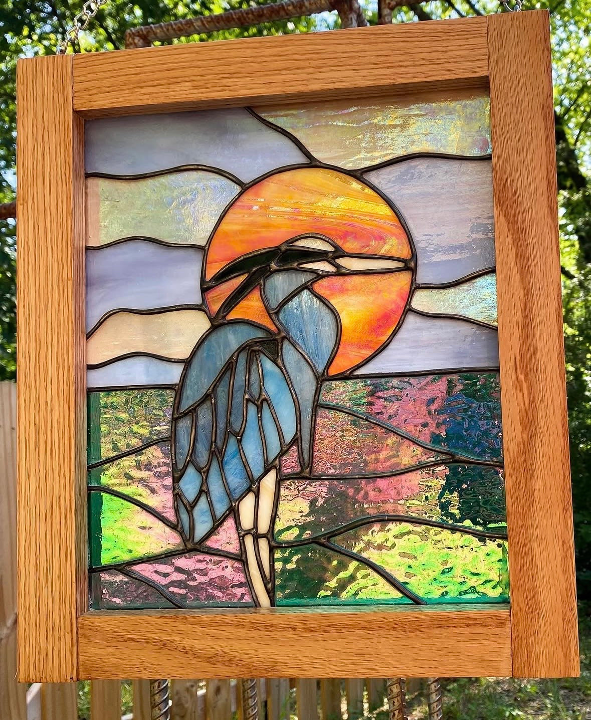 Stained glass great blue heron