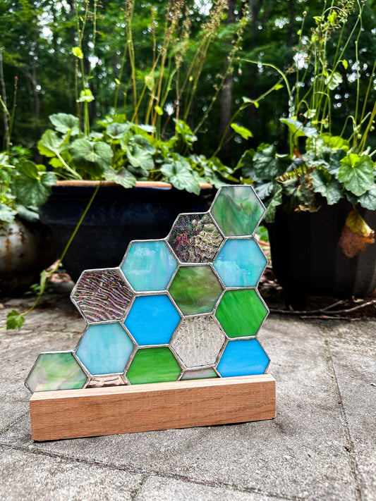 Blue/green stained glass honeycomb