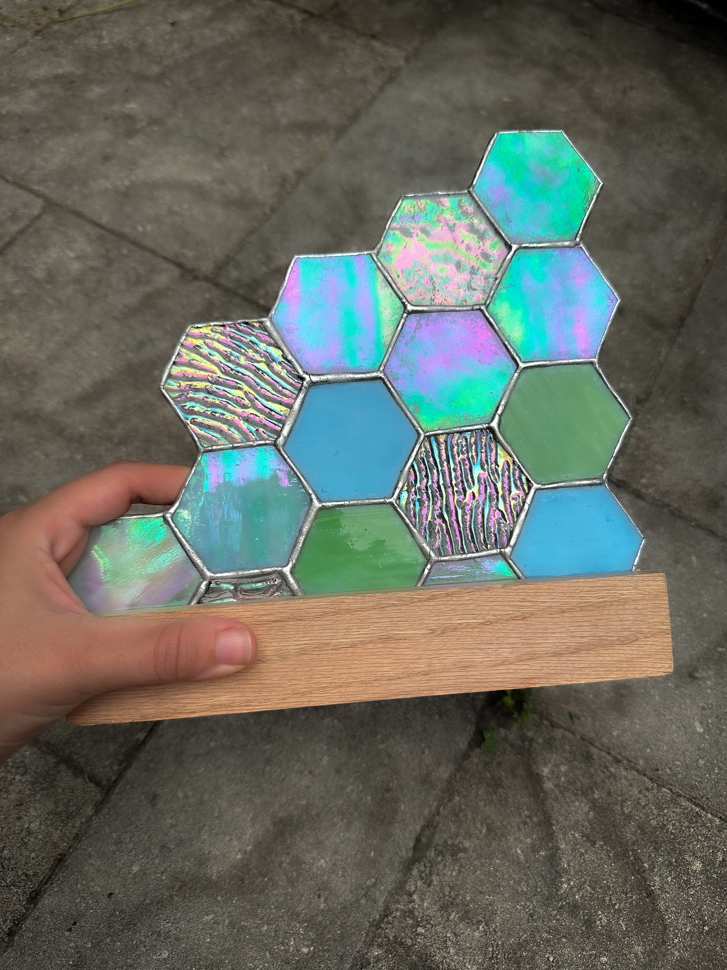 Blue/green stained glass honeycomb