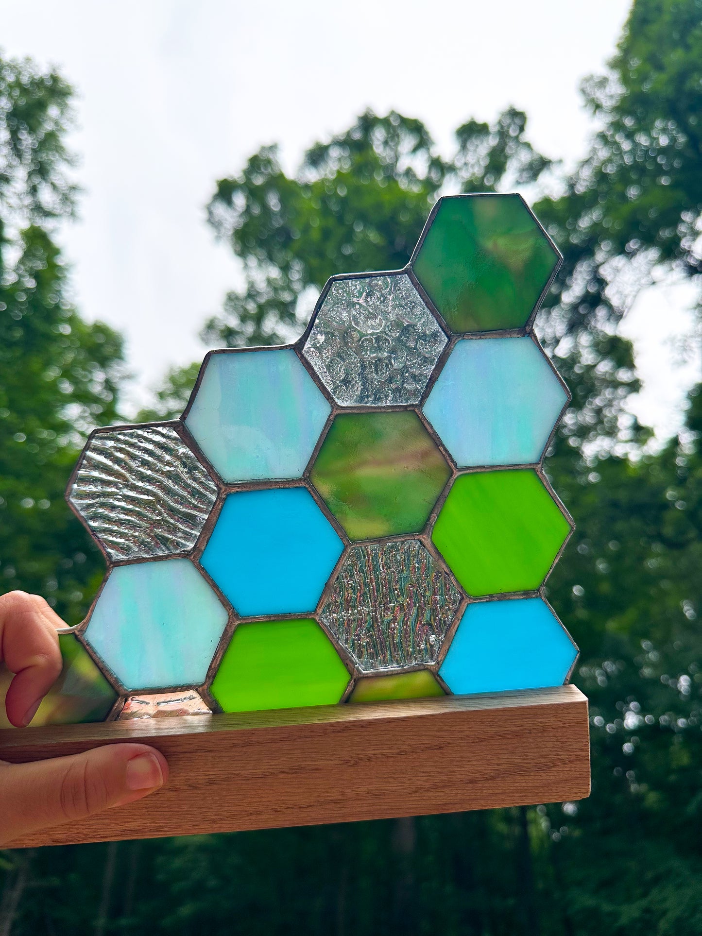 Blue/green stained glass honeycomb